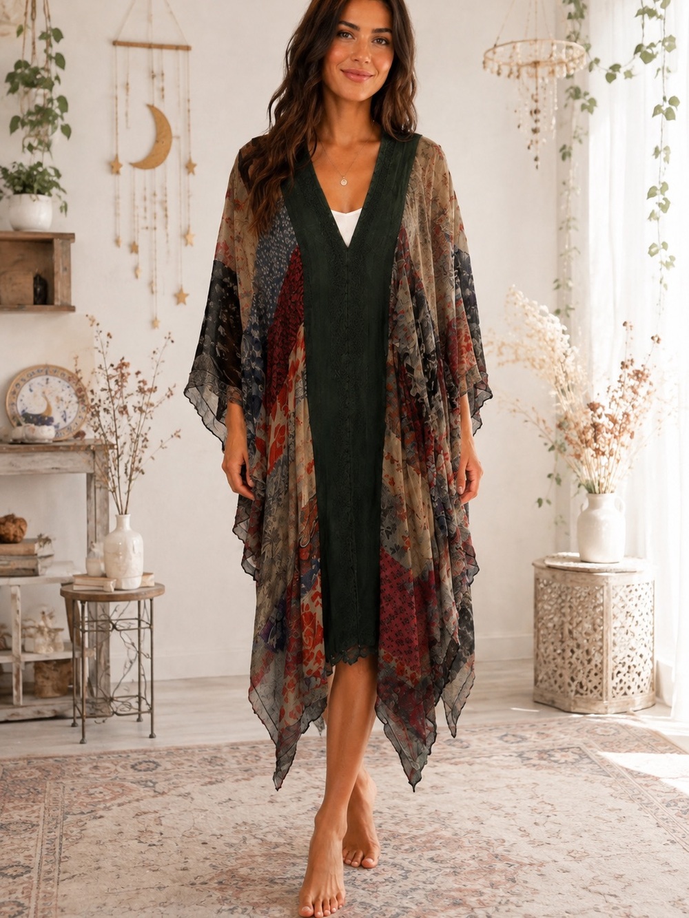 Boho Patchwork Kimono Dress in Forest Green with Muted Floral Panels